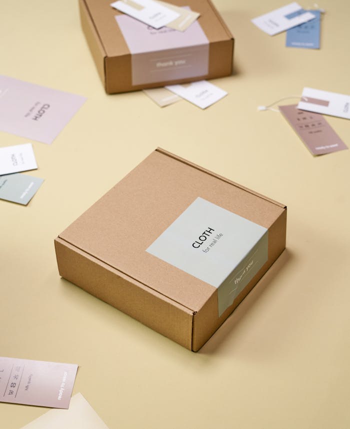 A close-up of cardboard boxes and tags on a yellow background, showcasing minimalist design.