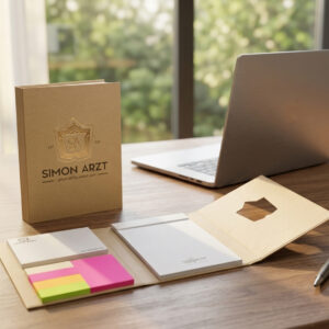 Office supplies on a wooden desk