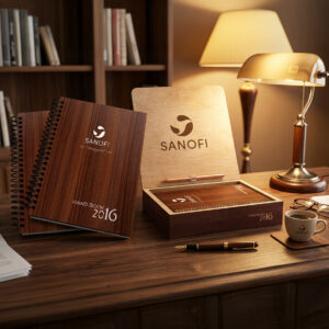 Elegant desk with branded notebooks and accessories