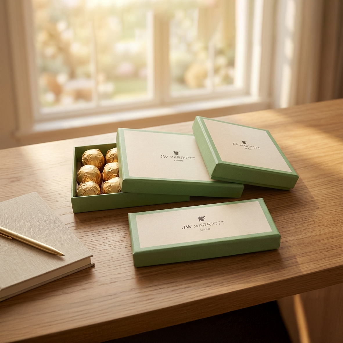 Elegant gift boxes on wooden table