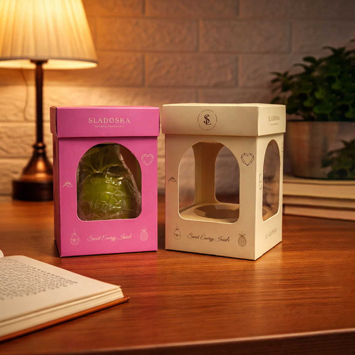 Two decorative snack boxes on table